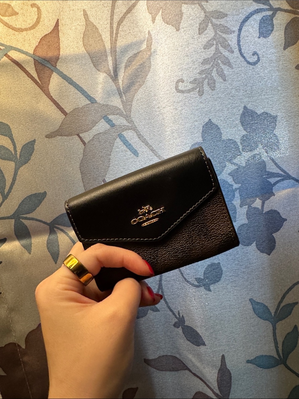 Coach Black Leather Compact Wallet with Gold Logo